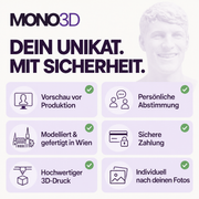 MONO3D Produktvorteile: Vorschau vor Produktion, persönliche Abstimmung, gefertigt in Wien, sichere Zahlung, hochwertiger 3D-Druck und individuell nach deinen Fotos